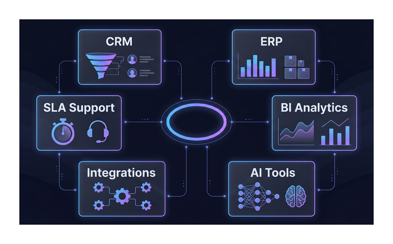 Creonix unified digital ecosystem: CRM, ERP, BI analytics, AI tools, integrations, and SLA support